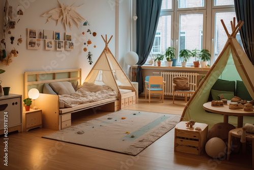 Toddler Room With Low Beds And Explorationfriendly Arrangements Montessori Method. Generative AI photo