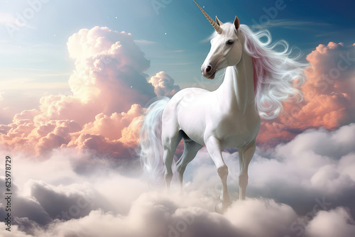 White Unicorn In The Clouds With Rainbow, Ultra Realistic. Generative AI