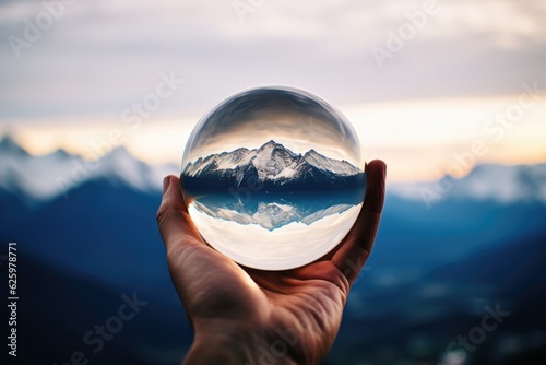 a person holding a crystal ball with a scenic mountain backdrop