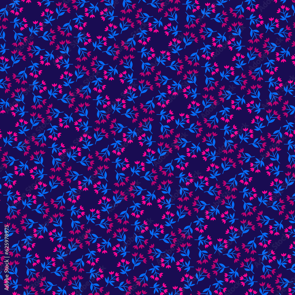 Simple pink magenta tulip flowers on a dark blue background Bright floral romantic seamless pattern Ditsy style