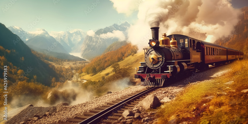 Obraz premium Roaring 20s Railways Vintage Steam Locomotive Chugs Through Verdant Mountains AI generated