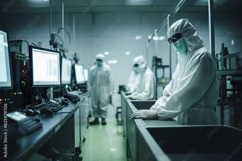Laboratory with engineer or scientists wearing coveralls and masks analyzing computer data. Doctors in personal protection suits analyzing samples in a computational system. Generative AI Laboratory with engineer or scientists wearing coveralls and masks analyzing computer data. Doctors in personal protection suits analyzing samples in a computational system. Generative AI