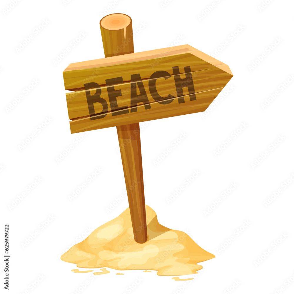 Wooden pointer, directional sign with sand in cartoon style isolated on white background. Summer, sea holiday plank.