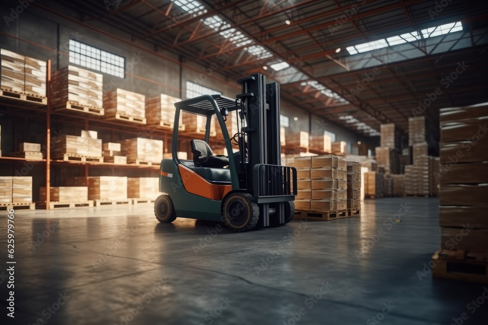 Forklift in large warehouse, Logistics processes.