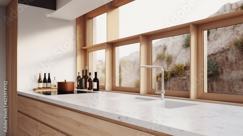 Cozy kitchen interior with bar countertop and wooden shelves near window  Interior of kitchen with a balcony combined with a room.