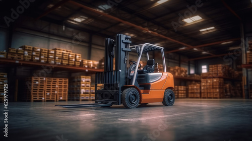 Forklift loads pallets and boxes in warehouse, Machinery concept, Logistics in stock. © visoot