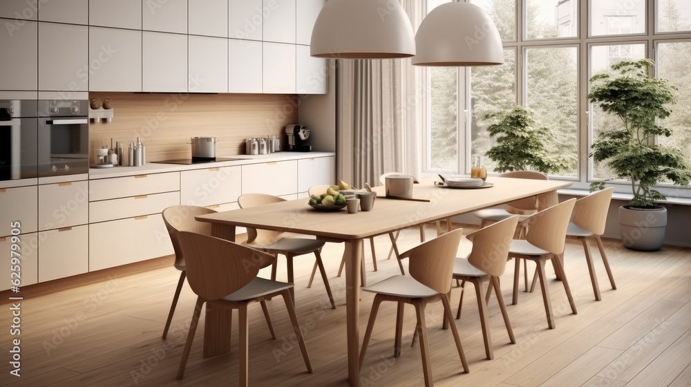  Modern interior design of kitchen with dining table and chairs.