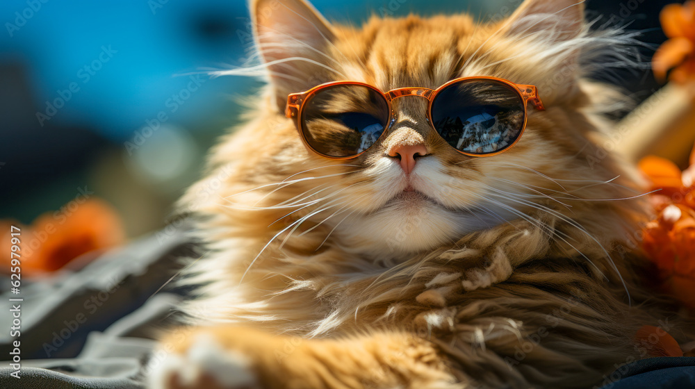Cat in sunglasses lies on the beach. The cat is on vacation at sea. Generative AI