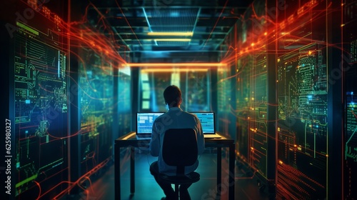 man writing in big sized room with computer desk © alexxndr