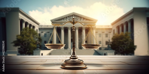 Fairness scales of justice against a court house building background banner, representing the concept of business financial protection by law. Generative AI