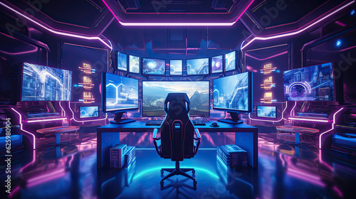 Professional Gamers Room With Ultra Powerful Personal Computer. Paused First-Person Shooter Game on Screen. Room Lit by Neon Lights in Retro Arcade Style. Cyber Sport Championship