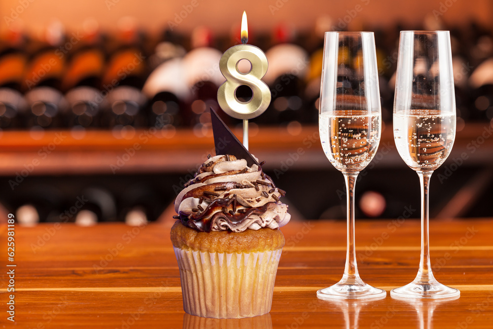 Cupcake With Numbers And Glasses With Wine For Birthday Or Anniversary