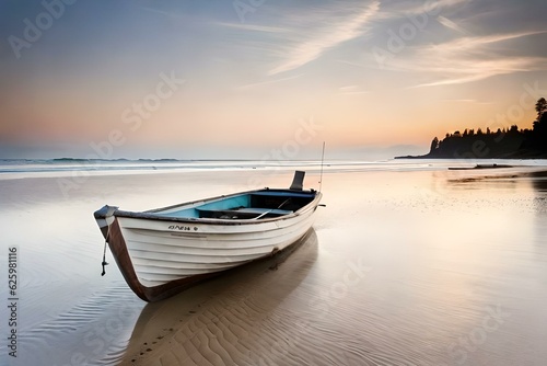 A wooden boat on a beach - AI Generative