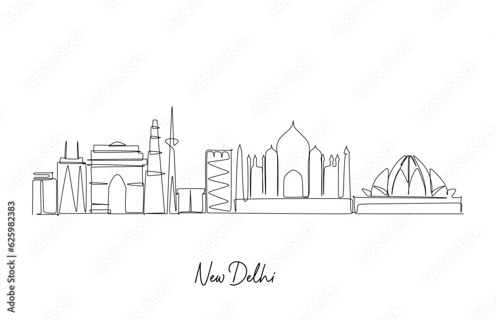 New Delhi India skyline Continuous line drawing. Vector illustration for Travel and tourism design element