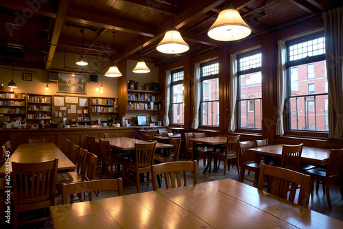 Realistic photo interior of wood table chairs with bright window lighty library study room