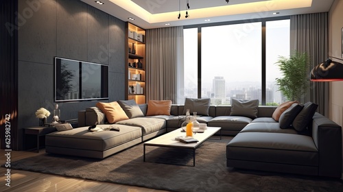 stylish design composition living room gray, generative ai © Tumelo