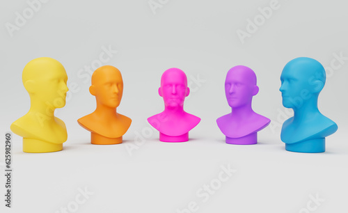 Abstract Colorful 3D Rendered Mannequins In A Semi Circle on white  Background