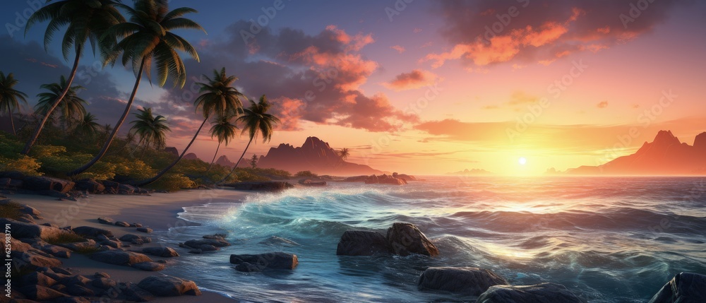 A coastal paradise with palm trees swaying in the gentle breeze, meeting the morning dawn. 3D illustration ai generate
