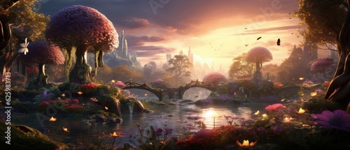 A magical garden with blooming flowers and fairytale creatures, meeting the morning dawn. 3D illustration ai generate