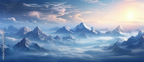 A serene mountain landscape with misty valleys and snow-capped peaks meeting the morning dawn. 3D illustration ai generate