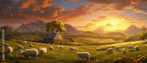 A peaceful farmstead with golden fields and farm animals greeting the morning dawn. 3D illustration ai generate
