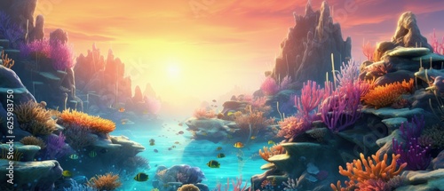 A whimsical underwater world with colorful coral reefs and marine life meeting the morning dawn. 3D illustration ai generate © Александр Паршин