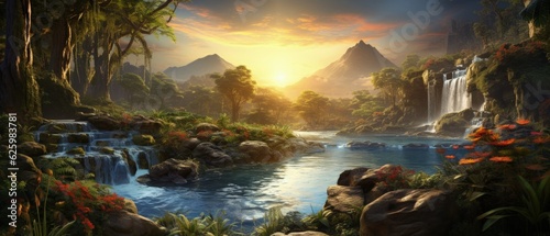 A cascading waterfall with sparkling waters and lush greenery, meeting the morning dawn. 3D illustration ai generate