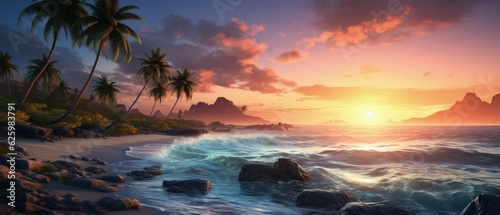 A coastal paradise with palm trees swaying in the gentle breeze, meeting the morning dawn. 3D illustration ai generate