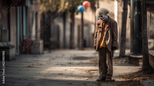 Depressed Clown. Sad Clown. Image with a copy space. Unhappy Clown. Mental health concept. Portrait image of a dressed old man as a traditional clown with balloons. Made With Generative AI. © John Martin