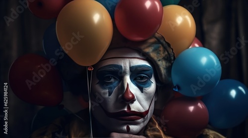 Depressed Clown. Sad Clown with Colorful Balloons. Sad Old Clown. Unhappy Clown with Balloons. Portrait image of a dressed old man as a traditional clown with balloons. Made With Generative AI.