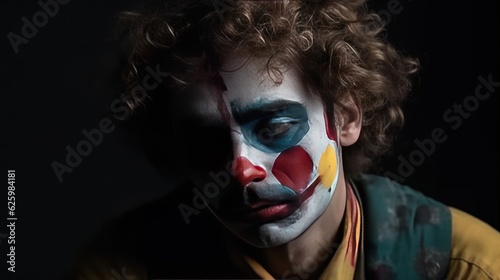 Depressed Clown. Sad Clown. Image with a copy space. Unhappy Clown. Mental health concept. Portrait image of a dressed old man as a traditional clown with balloons. Made With Generative AI.