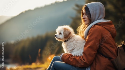  girl with a dog. travel together at national park, autumn season. generative ai