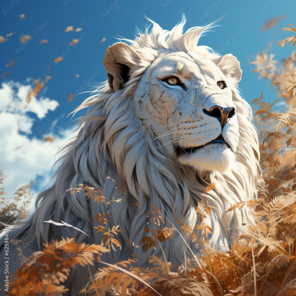 a white lion in grass, in the style of digital painting, detailed character illustrations