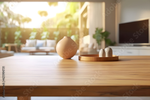 wooden table top with blurry modern living room background