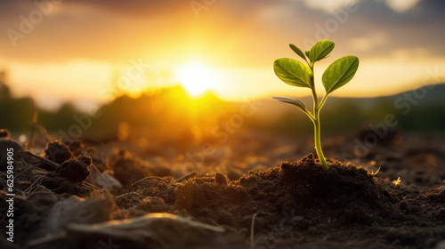 Little green sprout appearing from the ground. Awakening of the nature in spring. Sunset at backdrop. Close up. Generative AI.