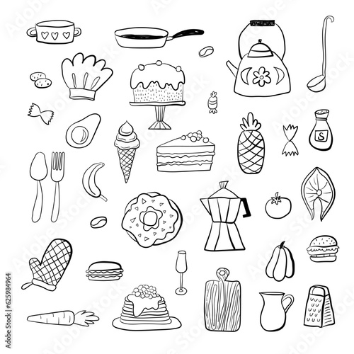 Food doodle hand drawn sketch symbols and objects. Set of kitchen and cooking elements. Vector illustration. Can be used for wallpaper, pattern fills, textile, web page background, surface textures.