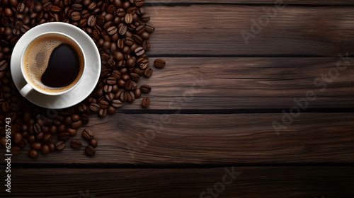 Coffee Time Ambiance: Top View of Cup and Beans on Weathered Kitchen Table, Space for Your Text.