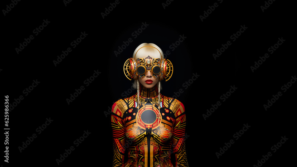 Hübsche Frau mit Kunst Bemalung mit Bodypaining und Airbrush Farben im futuristischen Stil im Porträt als Poster, ai generativ