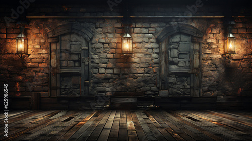 Fototapeta Naklejka Na Ścianę i Meble -  Gothic Darkness Empty Stone Room with 3D Render, Interior Design, Lights, Windows, and Wrought Iron Elements