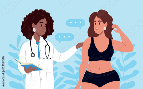World Day of Healthy Eating. A nutritionist is talking to an overweight woman. A dietitian doctor monitors the diet of patients, caloric content.