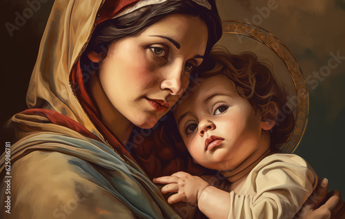 Holy Mary Mother of God and baby jesus , generative AI	
