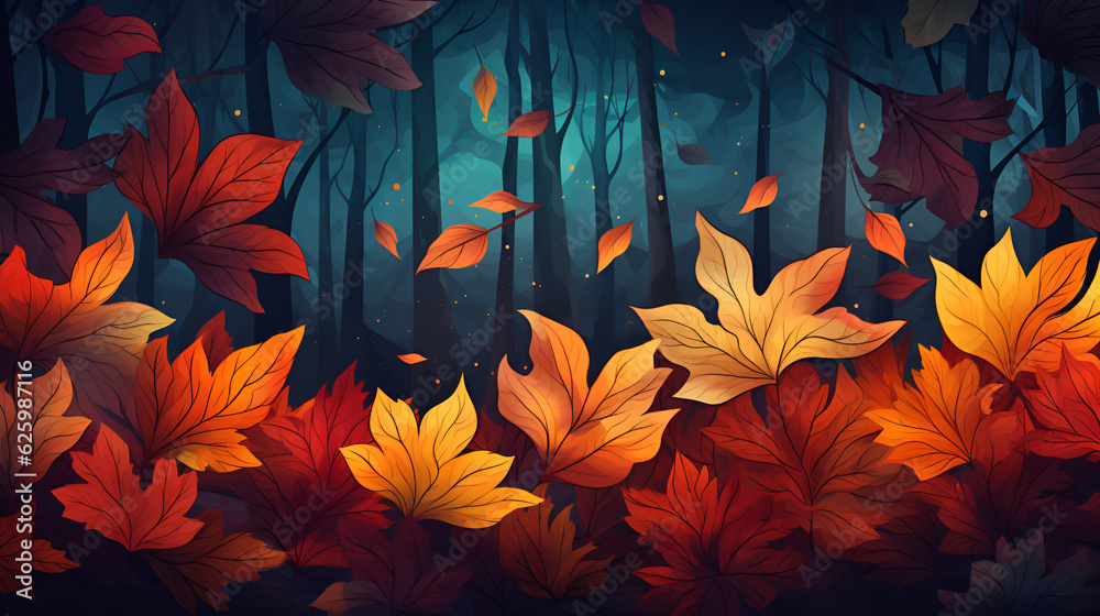 Autumn leaves fall illustration over forest background. Seasonal banner with red, orange and yellow autumn leaves for greeting cards, ads, social media, promotional material, postcard. Autumn fall. AI