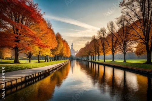 autumn landscape with river generated with Ai Technology