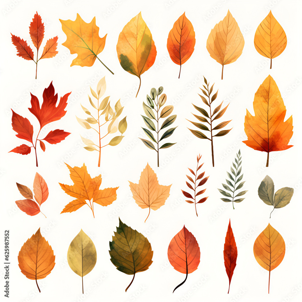 Set of autumn leaves, isolated on white background. Leaves with watercolor texture, autumn fall illustration. Autumn background for social media, promotional materials, ads, banners, postcards. AI