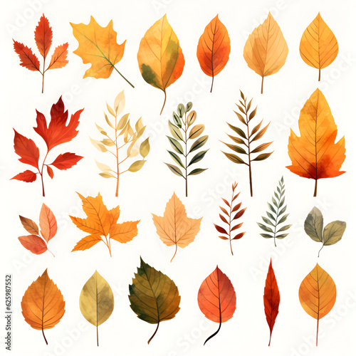 Set of autumn leaves  isolated on white background. Leaves with watercolor texture  autumn fall illustration. Autumn background for social media  promotional materials  ads  banners  postcards. AI