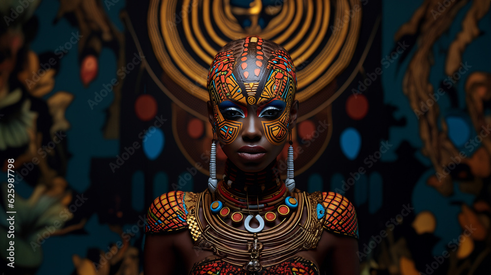 Afrikanische Frau Gesicht mit kunstvoller Bodypainting Bemahlung und bunter Dekoration Poster Nahaufnahme, ai generativ 