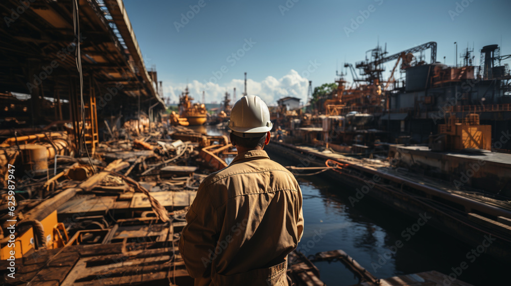 An engineer from behind at a ship dock watching ship in construction An engineer from behind at a ship dock watching ship in construction