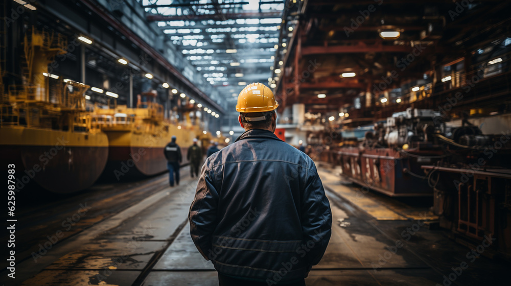 An engineer from behind at a ship dock watching ship in construction An engineer from behind at a ship dock watching ship in construction