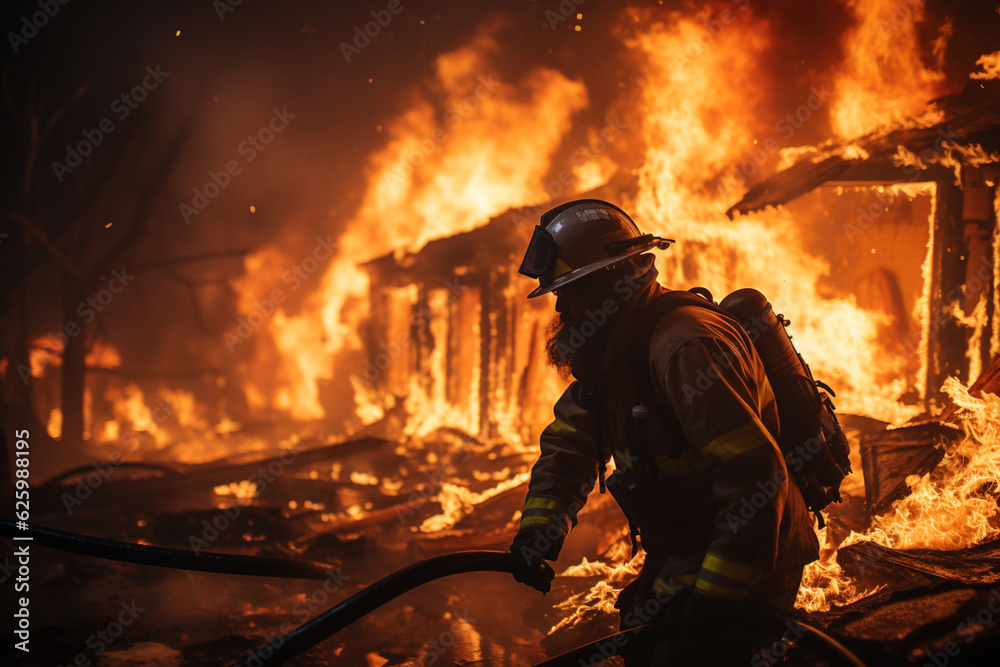 firemen wearing protective mask trying to stop the huge fire from burning a house firemen wearing protective mask trying to stop the huge fire from burning a house