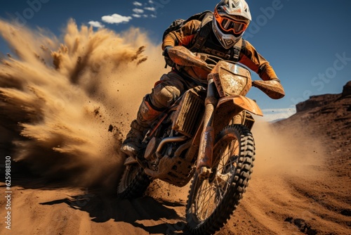 Rider on a cross-country enduro motorcycle go fast at the desert. Enduro racing driver take a corner with a splashes of sands and dust. Drift. Made With Generative AI.